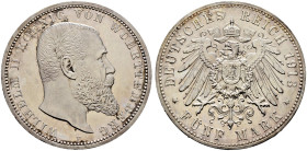 Silbermünzen des Kaiserreiches. WÜRTTEMBERG 
Wilhelm II. 1891-1918. 5 Mark 1913 F. J. 176. feinst zaponiert, minimale Kratzer, leicht berieben, Polie...
