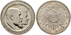 Silbermünzen des Kaiserreiches. WÜRTTEMBERG 
Wilhelm II. 1891-1918. 3 Mark 1911 F. Silberhochzeit. Hohes H. J. 177b. Prachtexemplar, feinst zaponiert...
