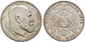 Silbermünzen des Kaiserreiches. WÜRTTEMBERG 
Wilhelm II. 1891-1918. 3 Mark 1916 F. Regierungsjubiläum. J. 178. seltenes Prachtexemplar, feinst zaponi...