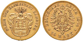 Reichsgoldmünzen. HAMBURG 
10 Mark 1874 B. J. 207. selten, sehr schön-vorzüglich