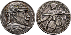 Erster Weltkrieg und Inflation. 
Mattierte Silbermedaille 1917 von A. Hummel (bei Lauer), auf den Siegeswillen nach drei Jahren Weltkrieg. Belorbeert...