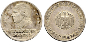 Weimarer Republik. 
3 Reichsmark 1929 F. Lessing. J. 335. leichte Tönung, Polierte Platte-minimal berührt