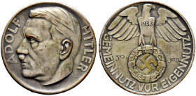 Drittes Reich. 
Versilberte Bronzemedaille 1933 von W. Voss, auf die Ernennung Hitlers zum deutschen Reichs­kanzler. Dessen Büste nach links / GEMEIN...