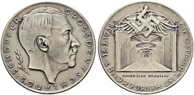 Drittes Reich. 
Mattierte Silbermedaille 1938 von Hanisch-Concee, auf den Anschluss Österreichs - Befreite Ostmark. Kopf Hitlers nach rechts / Innbrü...