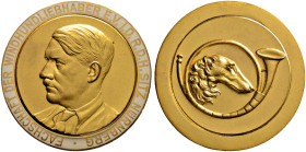 Drittes Reich. 
Vergoldete Bronzemedaille o.J. (um 1940) unsigniert, der Fachschaft der Windhundliebhaber e.V. Nürnberg. Brustbild Hitlers nach links...