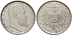 Münzproben des Deutschen Kaiserreiches und der Weimarer Republik. 
WÜRTTEMBERG. Wilhelm II. 5 Mark 1904 F. Probe in Silber. Mit Randschrift und erhab...