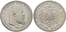Münzproben des Deutschen Kaiserreiches und der Weimarer Republik. 
WÜRTTEMBERG. Wilhelm II. 5 Mark 1905 F. Probe in Silber. Mit Riffelrand. Schaaf 17...