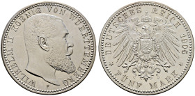 Münzproben des Deutschen Kaiserreiches und der Weimarer Republik. 
WÜRTTEMBERG. Wilhelm II. 5 Mark 1905 F. Probe in Silber. Mit Randschrift. Schaaf 1...