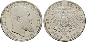 Münzproben des Deutschen Kaiserreiches und der Weimarer Republik. 
WÜRTTEMBERG. Wilhelm II. 5 Mark 1905 F. Probe in Silber. Glatter Rand. Schaaf 176 ...