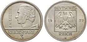 Münzproben des Deutschen Kaiserreiches und der Weimarer Republik. 
WEIMARER REPUBLIK. 3 Reichsmark-Probe 1927 F. Justus von Liebig. Dessen Büste nach...