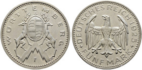 Münzproben des Deutschen Kaiserreiches und der Weimarer Republik. 
WEIMARER REPUBLIK. 5 Mark-Probe in Silber 1925 F. Der württembergische Wappenschil...