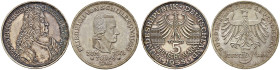 Bundesrepublik Deutschland. 
Lot (2 Stücke): 5 Deutsche Mark 1955 F. Friedrich von Schiller und G. Markgraf von Baden ("Türkenlouis"). J. 389 und 390...