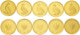 Bundesrepublik Deutschland. 
5-tlg. Set der 20 Euro-Goldmünze 2018. Heimische Vögel - UHU. Alle Prägestätten (A,D,F,G,J). Je 3,89 g Feingold selten u...
