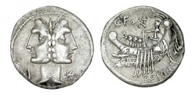 FONTEIA. Denario. C.Fonteius. ¿Regio? Letra I a izq. de cabeza de Fontus, CD-585, SI-1. 3,83 g. EBC-