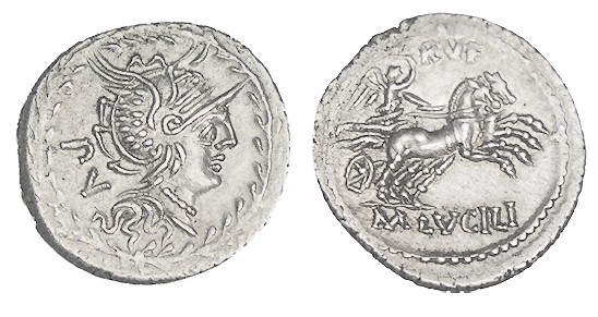LUCILIA. Denario. M.Luculius Rufus. ¿Norte de Italia?. CD-909, SI-1. 3,92 g. EBC...