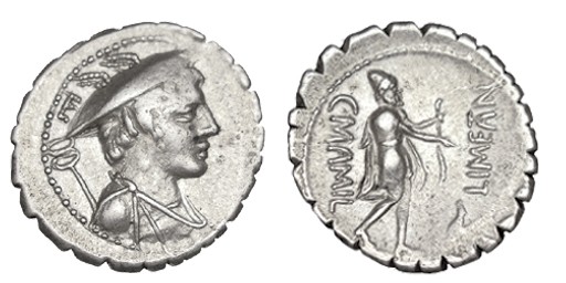 MAMILIA. Denario. C.Mamilius Limetanus. A/Busto de Mercurio a dcha; detrás caduc...