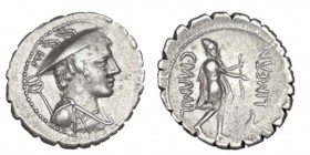 MAMILIA. Denario. C.Mamilius Limetanus. A/Busto de Mercurio a dcha; detrás caduceo, encima letra E. R/ Ulises a dcha. es reconocido por su perro Argos...