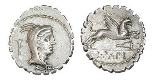 PAPIA. Denario. L.Papius. Roma (taller aux.) Cuño en anv. y cuño en rev. Interes...