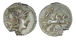 PINARIA. Denario. Pinarius Natta. Roma. CD-1091, SI-2. 3,96 g. Cospel ligeramente faltado. (EBC)