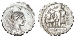 POSTUMIA. Denario. A.Postumius A.f. Sp.n.Albinus. Roma (Taller aux.). A/ Busto de Diana a dcha. con arco y carcaj; encima cabeza de toro. R/Sacrificad...