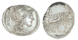 SENTIA. Denario. Lucius Sentius C.f. Norte de Italia. Letra D debajo de cuadriga a dcha. CD-1257, SI-1. 3,78 g. Cospel grande y ligeramente ovalado. E...
