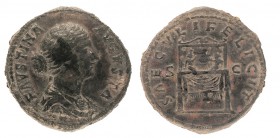 FAUSTINA II. Sestercio. A/ Busto vestido de Faustina a dcha; ly.: FAVSTINA AVGVSTA. R/ Dos niños sobre trono. Ly.: SAECVLI FELICIT SC. SM-5282. Pát. m...