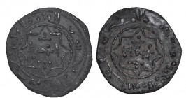 FRACCIÓN DIRHEM (cobre). Umar al-Mutawakkil (460 - 487 H). Taifa de Badajoz. VA no cita, Medina no cita. 1,60 g. Magnífico ejemplar de esta rara moned...