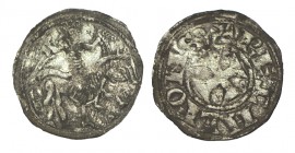 ALFONSO VIII Rey de Castilla (1158 -1214). Dinero. ¿Segovia? A/ Cruz patada con puntos en los cuadrantes. Ly.: + REX ALFONS?. R/ Jinete a dcha. con es...