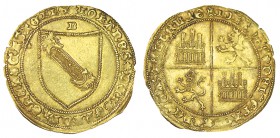 JUAN II (1406 - 1454) Dobla de la Banda. Burgos. Leones acotando la banda, B encima de escudo. 4,63 g. ABM-615. ESCASA. EBC