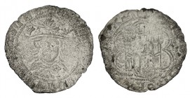 ENRIQUE IV. Cuartillo. Marca de ceca no visible, probablemente Segovia. Dos resellos en anv. consistentes en C dentro de escudo. ¿Cuenca?. (MBC-)