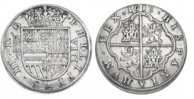 8 REALES. Segovia. 1618-A superada de cruz. Cinco flores de lis en escudo de Borgoña. 26,97 g. XC-159. MUY ESCASA EBC-