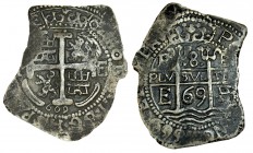 8 REALES. Potosí. 1669- E. 25,96 g. XC-344. Tres fechas visibles. Interesante ejemplar por apreciarse totalmente la corona superior del reverso. Ausen...