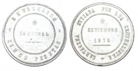 5 PESETAS. Cartagena. 1873. Coincidente según el eje vertical. 80 perlas en anv. y 85 en rev. VSP-30. EBC+