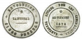 5 PESETAS. Cartagena. 1873. No coincidente según el eje vertical. 100 perlas en anv. y 95 en rev. XC-6. EBC