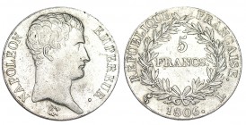 FRANCIA. 5 Francos. Napoleón. Busto sin laurear. 1806-L. Bayona. LF-304/7. EBC-