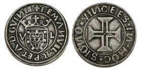 PORTUGAL. Tostao. Manuel I. V-L a los lados del escudo. Ley. del anv. termina en: GVINEE (N invert.) Tres puntitos encima de la cruz del rev. A.Gómes-...