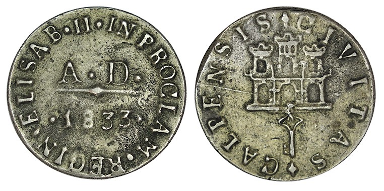 PROCLAMACIÓN en San Roque. 1833. Plata fundida. 8,77 g. AH-29. ESCASA. MBC