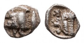Mysia. 1/4 de óbolo. 480 a.C. Kyzicus. (SNG France-380 similar). Anv.: Parte delantera de jabalí a izquierda . Rev.: Cabeza rugiente de león a izquier...