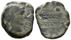 Abra. As. 120-20 a.C. Porcuna (Jaén). (Abh-30). (Acip-2281). Anv.: Cabeza femenina a derecha, delante ABRA. Rev.: Arado, espiga y debajo leyenda ibéri...