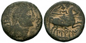 Bilbilis. As. 120-30 a.C. Calatayud (Zaragoza). (Abh-258). Anv.: Cabeza masculina a derecha, debajo delfín y detrás letras Bi. Rev.: Jinete con lanza ...