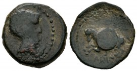 Carisa. Semis. 50 a.C. Bornos (Cádiz). (Abh-447). (Acip-2513). Anv.: Cabeza masculina laureada a derecha. Rev.: Jinete con lanza y rodela, debajo leye...