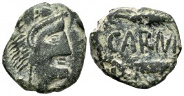 Carmo. Semis. 80 a.C. Carmona (Sevilla). (Abh-466). (Acip-2398). Anv.: Cabeza de Hércules con piel de león a derecha. Rev.: Dos espigas a derecha, ent...