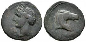 Cartagonova. Calco. 220-215 a.C. Cartagena (Murcia). (Abh-510). Anv.: Cabeza de Tanit a izquierda. Rev.: Cabeza de caballo a derecha. Ae. 11,10 g. MBC...