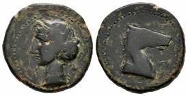 Cartagonova. Calco. 220-215 a.C. Cartagena (Murcia). (Abh-512). Anv.: Cabeza de Tanit a izquierda. Rev.: Cabeza de caballo a derecha, delante letra fe...