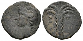 Cartagonova. 1/2 calco. 220-215 a.C. Cartagena (Murcia). (Abh-532). Anv.: Cabeza de Atenea a izquierda. Rev.: Palmera. Ae. 3,20 g. Escasa. MBC-. Est.....