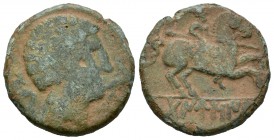 Danusia. As. 120-20 a.C. Botija (Cáceres). (Abh-894). (Acip-1618). Anv.: Busto masculino a derecha entre delfines. Rev.: Jinete con lanza a derecha, d...