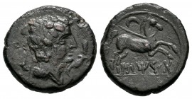 Iltirta. Semis. 220-200 a.C. Lleida (Cataluña). (Abh-1472). (Acip-1262). Anv.: Cabeza masculina a derecha, rodeada de tres delfines. Rev.: Caballo a d...