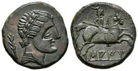 Saiti. As. 120-20 a.C. Xátiva (Valencia). (Abh-2100). (Acip-2031). Anv.: Cabeza masculina con diadema a derecha y detrás espiga. Rev.: Jinete con lanz...