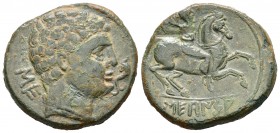 Secaisa. As. 120-20 a.C. Zona de Aragón. (Abh-2121). (Acip-1544). Anv.: Cabeza masculina a derecha, delante delfín y detrás letras ibéricas SE. Rev.: ...