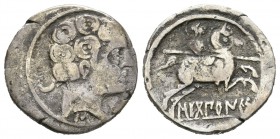 Secobirices. Denario. 120-30 a.C. Saelices (Cuenca). (Abh-2168). (Acip-1869). Anv.: Cabeza masculina a derecha, detrás creciente, debajo letra ibérica...